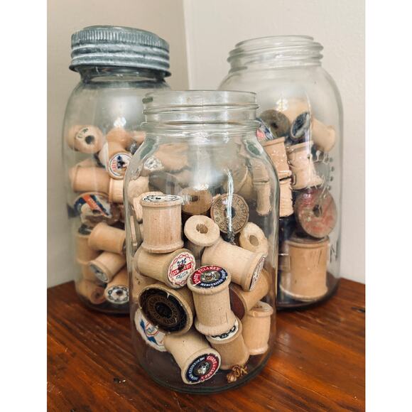 Set of 3 Antique Mason Jars with Vintage Wooden Spools - Picture 1 of 7